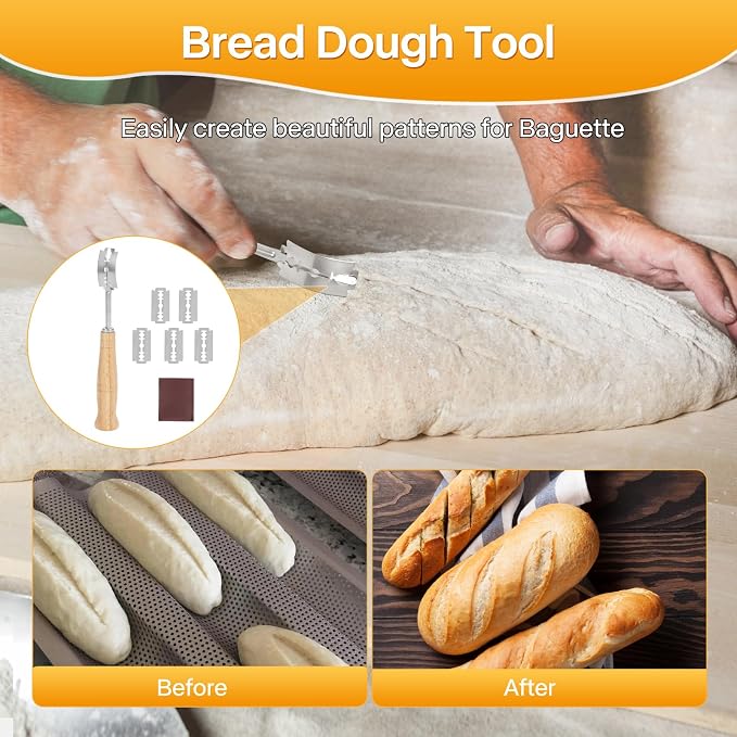 Baguette Bread Pan, Perforated French Bread Pan, Nonstick Bread Pans for Baking, with Baguette Kit – Includes Proofing Cloth & Dough Cutter, 15x11 Inch Golden, 3 Loaf
