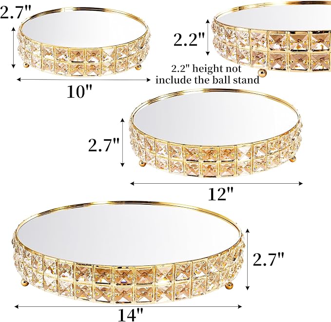 Goaste 3 Pack Crystal Cake Display Stand with Mirror, 14" 12" 10" Metal Pedestal Gold Round Cake Plate Stand, Dessert Cookies Fruit Serving Tray with Shining Crystal Beads for Wedding, Birthday Party