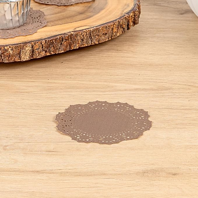 Pastry Tek 4 x 4 Inch Paper Lace Doilies, 4000 Disposable Table Doilies - Elegant Lace Finish, Long Lasting, Brown Paper Doily, for Pastries, Cupcakes, Desserts - Restaurantware