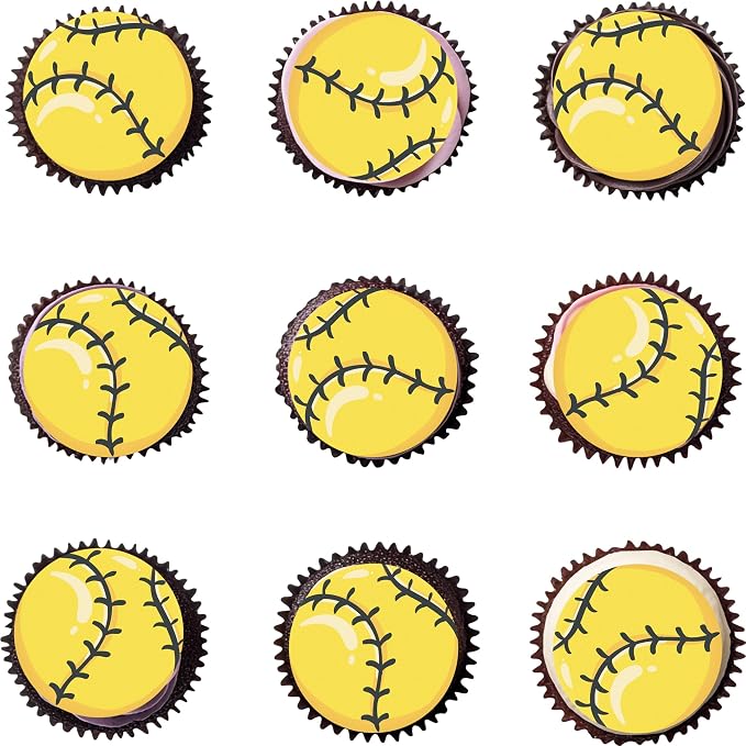 48pcs Edible Sports Cupcake Toppers Edible Basketball Soccer Baseball Tennis Rugby Cake Decorations for Sports Ball Game Theme Baby Shower Birthday Party Cake Decorations Supplies (softball)