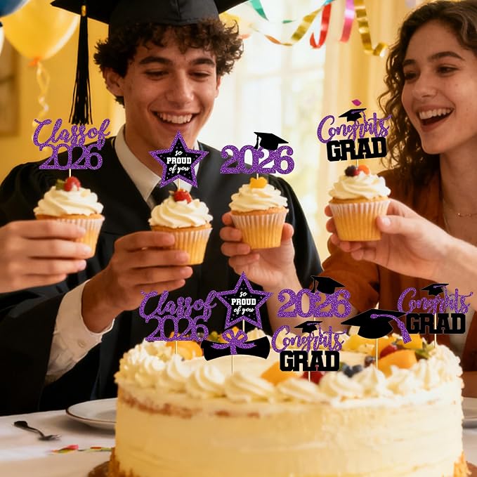 48 PCS Graduation Cupcake Toppers, 6 Styles Congrats Grad Cake Topper 2026, Graduation Decorations, Glittery Black and Purple Cap and Diploma Cake Picks for Grad Party Decor Supplies