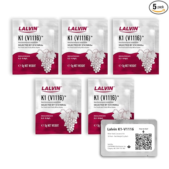 Lalvin K1-V1116 Wine Yeast (5 Pack) - Make Wine Cider Mead Kombucha At Home - 5 g Sachets - Saccharomyces cerevisiae - Sold by CAPYBARA Distributors Inc.