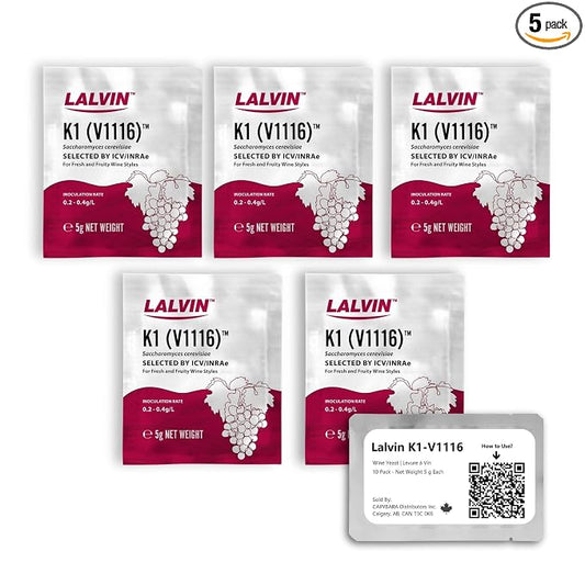Lalvin K1-V1116 Wine Yeast (5 Pack) - Make Wine Cider Mead Kombucha At Home - 5 g Sachets - Saccharomyces cerevisiae - Sold by CAPYBARA Distributors Inc.