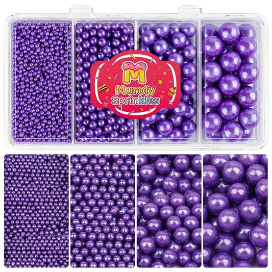 Purple Sprinkles Edible Pearls for Cake Decorating, 4 Sizes Purple Pearl Sprinkles for Cupcakes Ice Cream Dessert 4.6oz