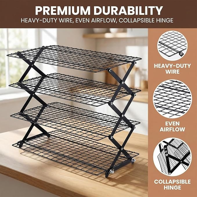 Collapsible Cooling Rack with Adjustable 3 Setting Design, 2/3/4-Tier Upgraded Heavy Duty Wire Cooling Rack, Stackable Baking Cooling Rack for Cookies, Bread & Roasting, Cookies Baking Gifts