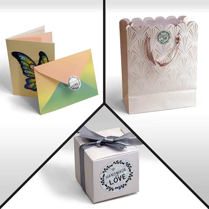 Kenco 1.5" Inch Handmade with Love Stickers, Made in The USA! for Envelopes, Boxes, Packaging and More - 500 Labels Per Roll (2 Pack 1,000 Stickers, Holo)
