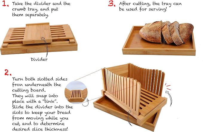 GloBamboo Bamboo Bread Slicer with Cutting Board For Homemade Bread, Adjustable, Compact, Foldable and Customizable Loaf/Cakes/Bagel Slicer, 3 Slice Sizes with Serving and Crumb Catcher Tray