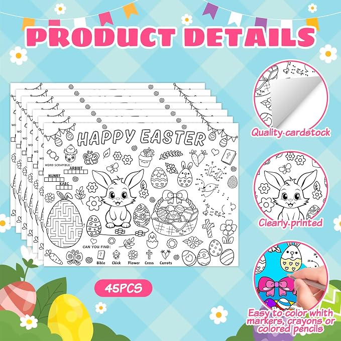 45pcs Easter Disposable Coloring Placemats Easter Day Crafts for Kids Party Favors Coloring Poster School Classroom Activities Paper Table Mats