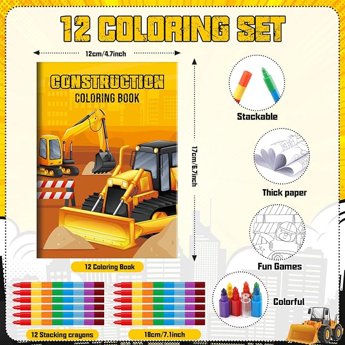 BenLouis 12 Construction Mini Coloring Books Kids with 12 Stacking Crayons Excavator Theme Party Favors Small Activity Books Bulk for Kids Construction Birthday Party Gift Goodie Bag Stuffers