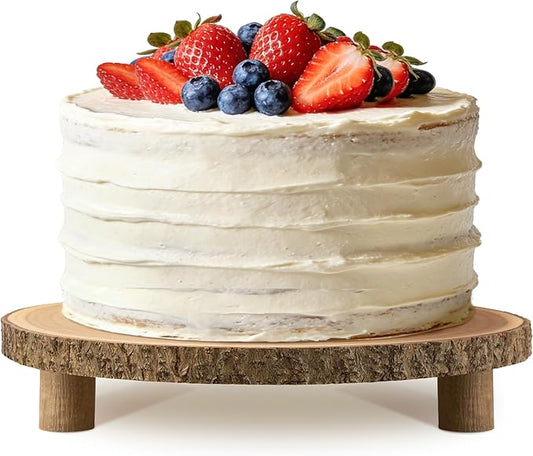 Rustic Wood Cake Stand with Legs – 11.5-12.5" Natural Wood Slice for Weddings, Parties & Desserts (Handcrafted Bark Edge)