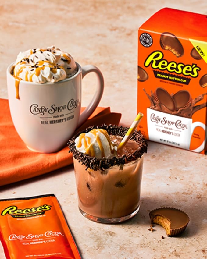 Candy Shop Cocoa REESE’S Iced Cocoa Mix, 1.25 oz, 24 Pack | REESE’S cocoa mix with rich chocolate and peanut butter flavor; just add water for smooth, creamy hot or iced drinks anytime