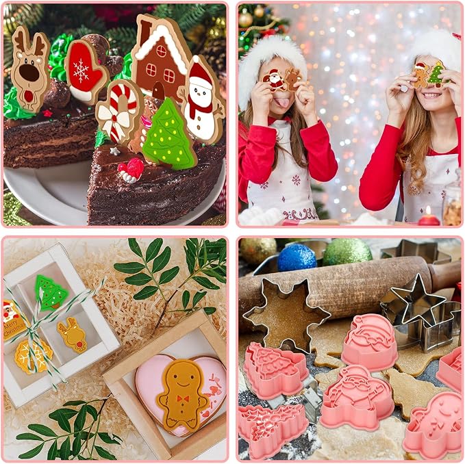 Roshtia 24 Pieces Christmas Cookie Cutters Stamps Mini Embossing 3D Plastic Cookie Stamps Snowman Santa Christmas Tree Reindeer Baking Mold for Xmas Winter Birthday Party Supplies