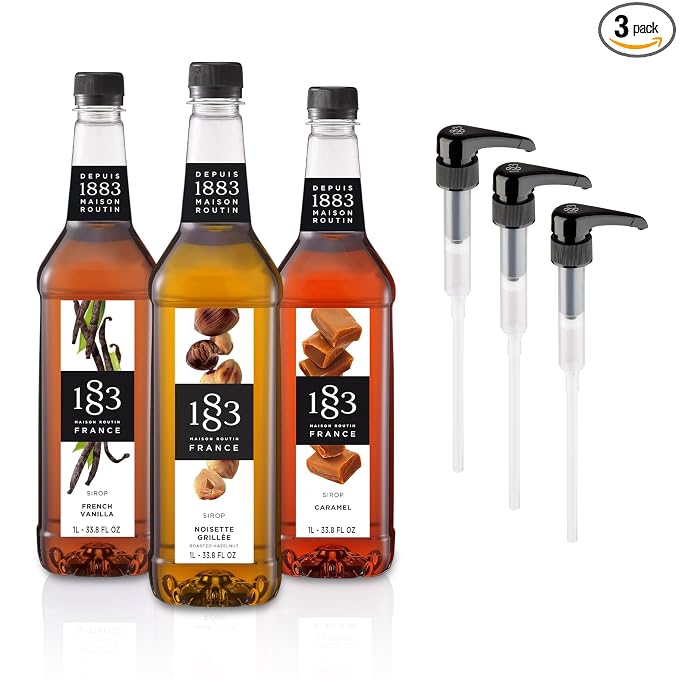 1883 Vanilla, Caramel, Roasted Hazelnut Syrups with Pumps (Coffeehouse Favorites) for Coffee & Drinks – 1 Liter Plastic Bottles (Pack of 3)