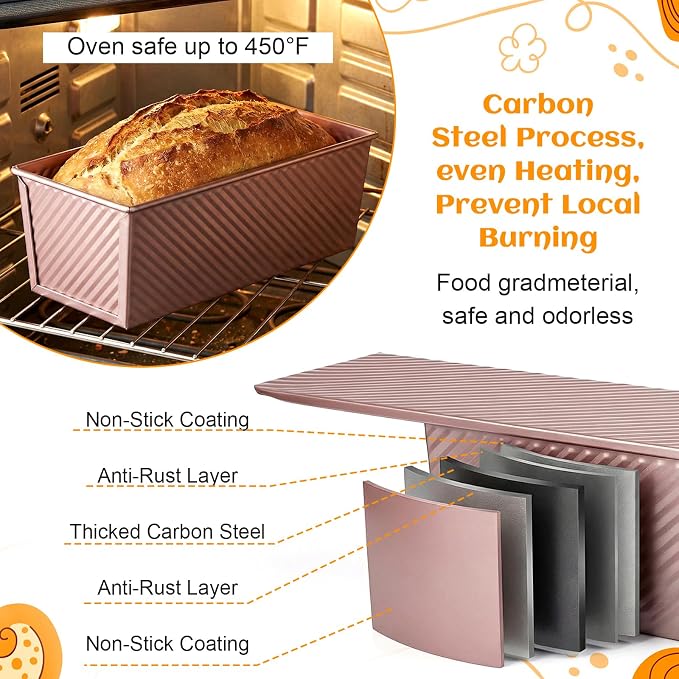 3 Pack Pullman Loaf Pan with Lid, 2.2LB/1LB/0.5LB Dough Capacity Non-Stick Sandwich Bread Pan, Carbon Steel Corrugated Toast Mold for Homemade Bread Baking (Golden)