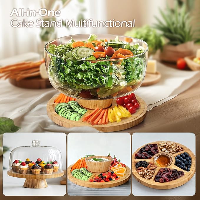MASTERTOP Cake Stand with Dome Cover - 6 in 1 Cake Stand with Lid, Multi-Functional Wood Serving Platter/Cake Plate/Salad Bowl/Nachos/Punch Bowl, Wedding Cake Stands for Dessert Table