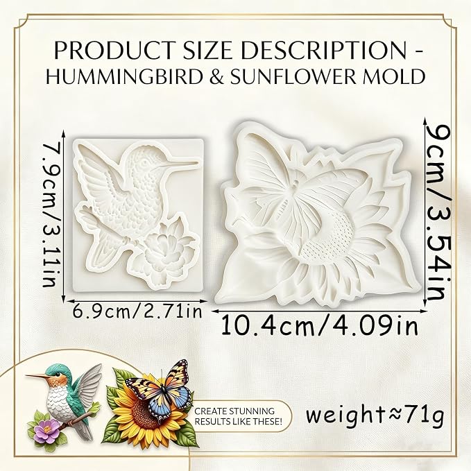 2Pcs Butterfly Sunflower Silicone Fondant Molds 3D Hummingbird Nature Candy Molds for Baking Dessert, Spring Cake Decorating, Cupcake Topper, Chocolate, Soap, Resin, Polymer Clay Crafting