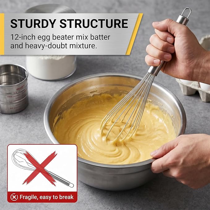 Whisks for Cooking,Stainless Steel Whisk Set 8" 10" 12",Balloon Wire Whisks for Whisking, Beating, Blending Ingredients, Mixing Sauces (Silver)