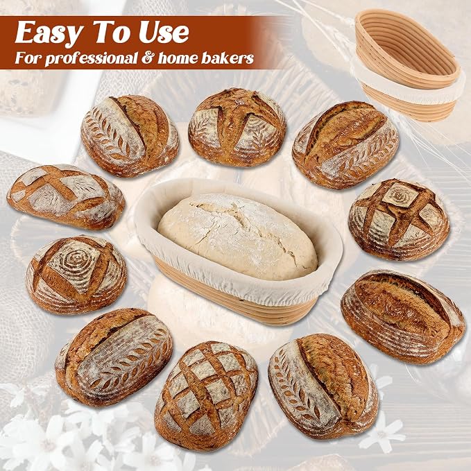 3 Pcs 10 Inch Oval Banneton Proofing Baskets, Rattan Sourdough Bread Baking Supplies with Cloth Liners for Home Bakers