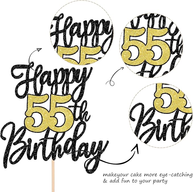1 PCS Happy 55th Birthday Cake Topper Black Gold Glitter Cheers to 55 Years Birthday Cake Pick 55 Fabulous Cake Decoration for Happy 55th Birthday Anniversary Party Decorations Supplies