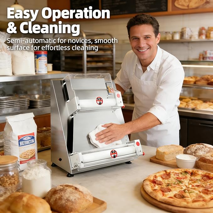 370W Commercial Pizza Dough Roller Sheeter, Stainless Steel Dual Roller Dough Press Machine, 5-Second Automatic Pizza Maker for 4-16 Inch Crust, Adjustable Thickness 0.7-5.4mm, 110V Silver