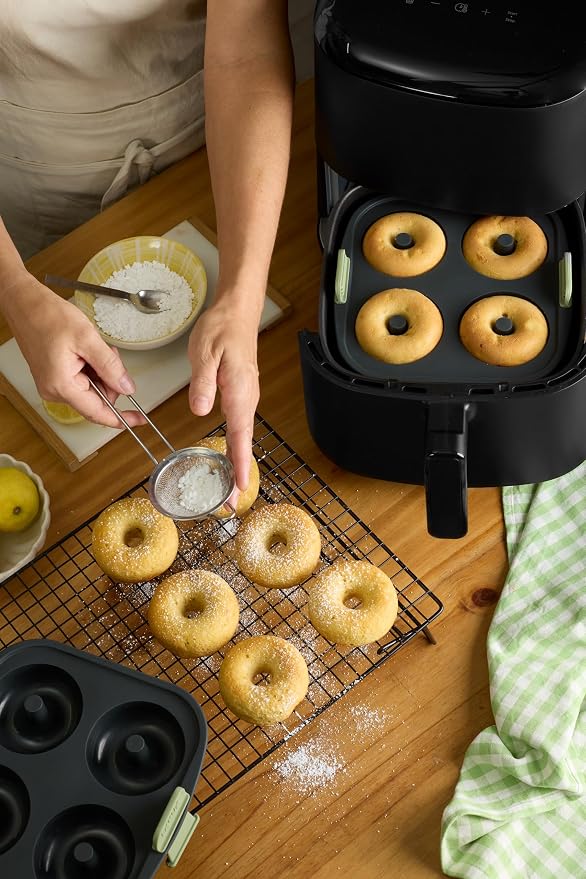 Lékué Air Fryer Donut Mold - Make 4 Donuts in under 30 mins - 100% Platinum Silicone Baking Pan for Air Frying, Fits in Draw Tray, Pull-up Handles for Easy Removal, Non-Stick, Easy De-Molding