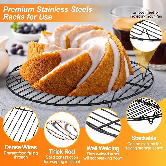 P&P CHEF 10½ Inch Cooking Rack Round, Stainless Steel Round Rack for Cooking Cooling Steaming Baking, Fit Air Fryer Pot Pressure Cooker, 2 Pack -Oven Safe, Black