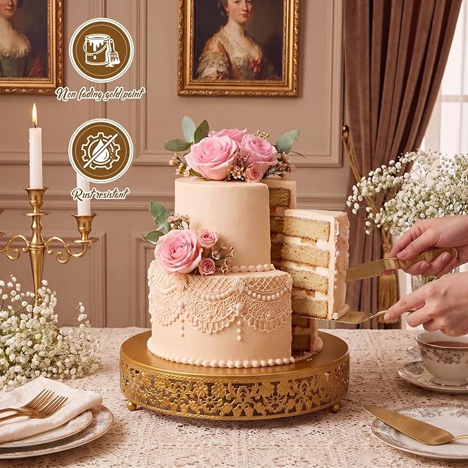 Wenqik 12 Inch Gold Cake Stand Set Metal Round Cupcake Dessert Stand with Cake Cutting, Flower Spatula Wedding Cupcake Pastry Display Candy Holder Display for Wedding Party Birthday Baby Shower