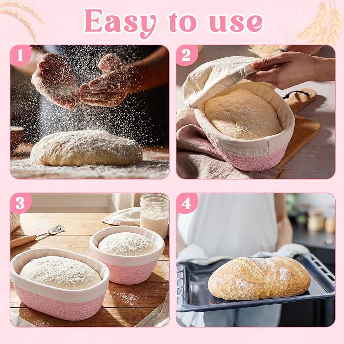 2 Pcs Cotton Rope Banneton Bread Proofing Basket Set 9 Inch Round and 10 Inch Oval Banneton Basket Sourdough Bread with Liners Covers for Baking Supplies (Pink)