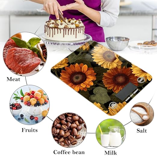 Food Scale Kitchen Digital Scale Food Ounces and Grams Dieting Baking Cooking Waterproof Glass Panels LCD Display,4 Units Scale Tare Function Sunflower