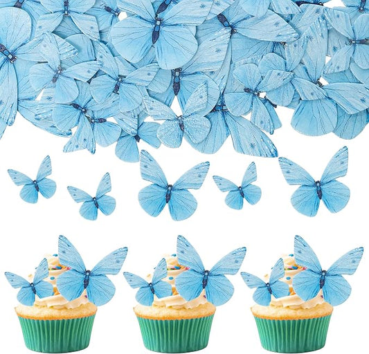 Gyufise 72Pcs Edible Butterfly Cupcake Toppers & Decorations for Butterfly Theme Baby Shower & Kids Birthday Party Cake Supplies - Blue