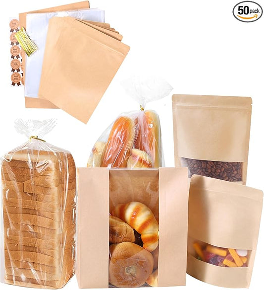Bpole 3-in-1 Bread Loaf Bags for Homemade Bread - 50pcs Bakery Paper Plastic Bags for Homemade Sourdough Bread Storage,Snacks,Sandwich, Candies and Cookies,Preservation Freshness and Gift Giving