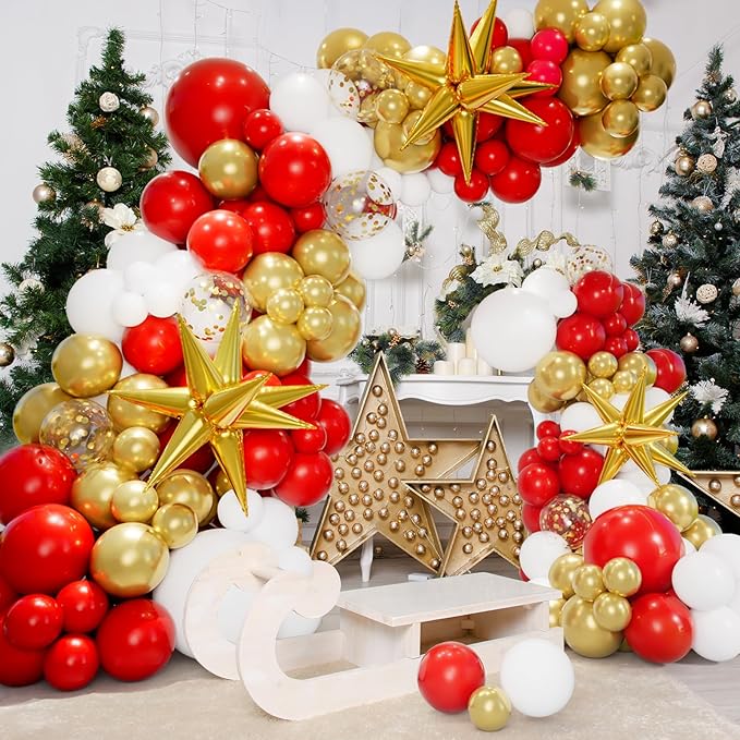 Bonropin 161pcs Red Gold and White Balloons Garland Arch Kit - 5/10/12/18in Red, Gold, White, Explosion Star Balloons for Valentine's Day Birthday Engagements Anniversary Party Decoration