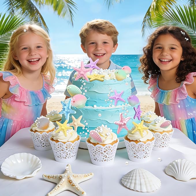 Seashell Cake Topper Starfish Cupcake Toppers Ocean Cake Decorations Under the Sea Beach Themed Cupcake Topper for Summer Hawaiian Birthday Party Supplies