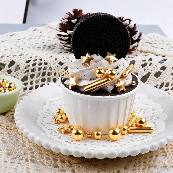 Gold Sprinkles for Cake Decorating, Edible Gold Pearl Stars & Rods Sprinkles in Mix Sizes 130g/4.6oz, Baking Cupcakes, Donuts, Macarons Baking Toppings