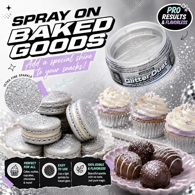 HomeHere Edible Glitter for Drinks & Cakes, 10g Food Grade Disco Diamond Glimmer Dust, Sparkle Powder for Cocktails, Chocolate, Baking Decorations, Vegan& Tasteless (Silvery)
