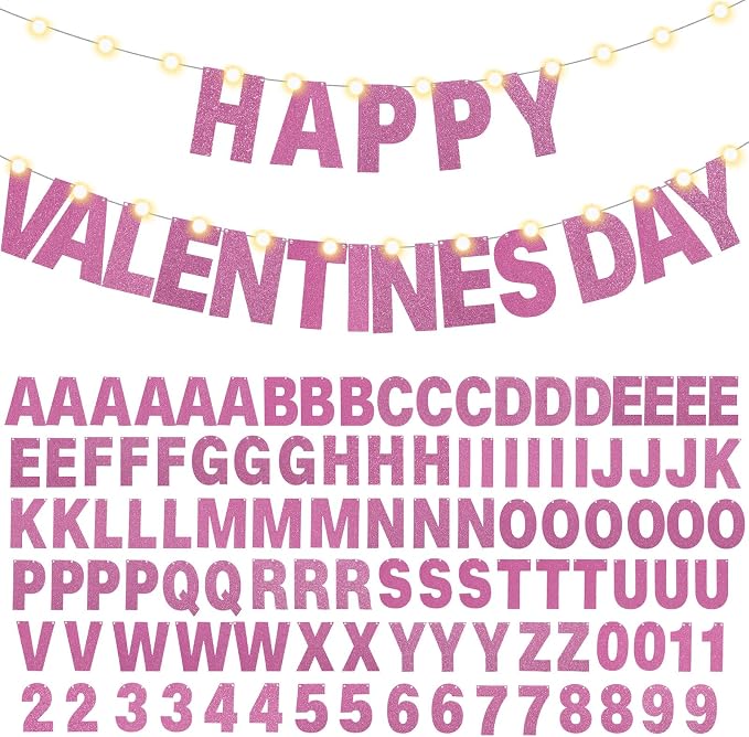 TaoBary 112 Pcs DIY Letter Kit Glitter Customizable Banner Letters Include 107 Letters and Numbers 3 Rope and 2 Needles for Birthday Halloween Christmas Wedding Valentine Party Decor(Pink)