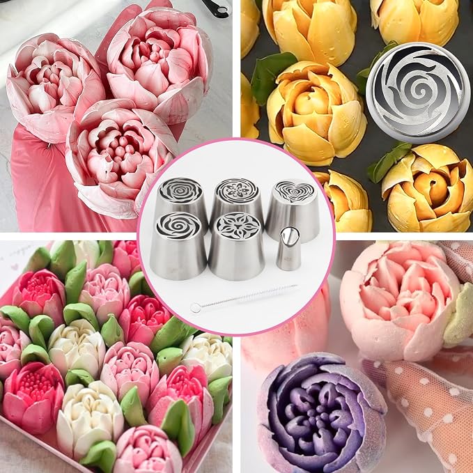 5pack Russian Piping Flower Nozzles Extra Large, Stainless Steel Rose Floral Piping Nozzles for Cake Decorating Icing, Cream Flower Bouquet DIY Cookies, Desserts Baking Tools (XXL, 5B）