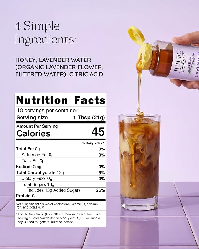 Lavender Honey Simple Syrup for Coffee, Cocktails, Tea, Matcha - Clean Simple Syrup with Real Lavender & Honey - 13.5 oz