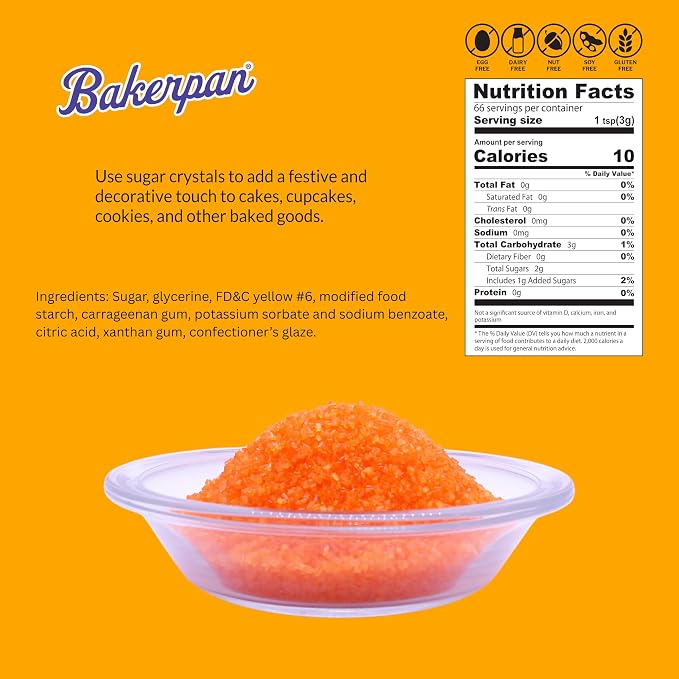 Bakerpan Orange Sugar Sprinkles for Baking - 7 oz Coarse Sparkling Decorating Sugar Crystals for Baking Topping, Cookies & Cupcakes | Kosher, Gluten-Free, Made in USA