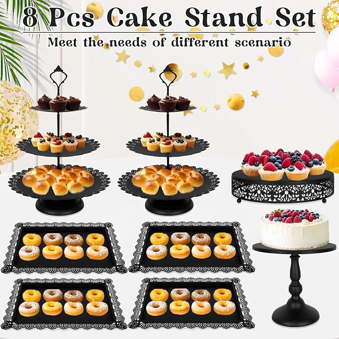 Fivenl 8 Pcs Cake Stand Black Metal Dessert Table Display Set, 3-Tier Cupcake Stand, Cake Display Tower and Cookie Tray Rack Serving Tray for Birthday Party, Weddings, Baby Shower (Black)