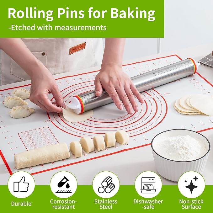 Adjustable Rolling Pin Set with Thickness Rings Cookie Cutters Dough Scraper Food Grade Stainless Steel Precise Dough Roller Handle Press Design for Baking Fondant Pizza Pie Pastry Pasta Cookies