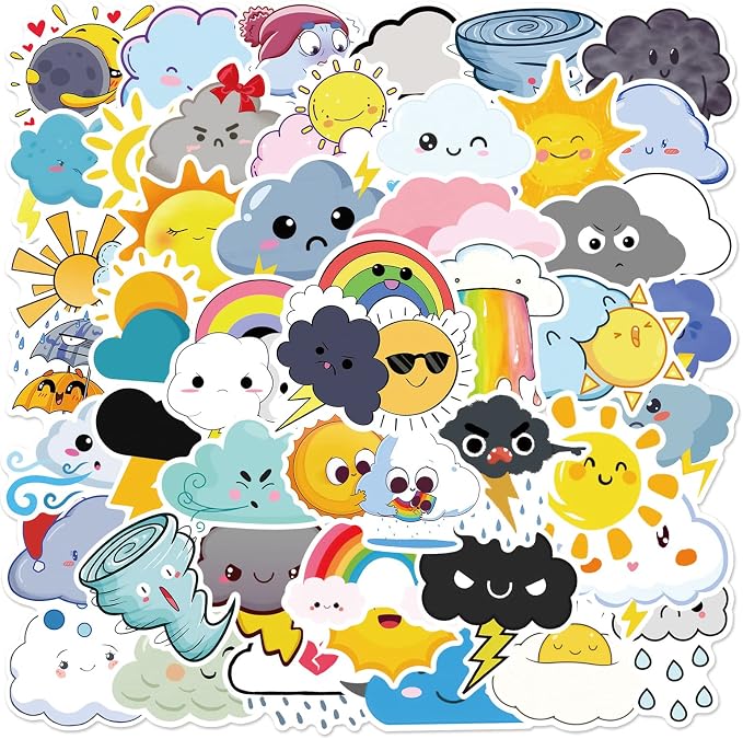 Cute Weather Stickers for Journaling - 50PCS Sun Cloud Rainbow Stickers Waterproof Vinyl Aesthetic Decals for Scrapbook, Water Bottles, Laptops, Guitar, Perfect for Kids Teens & Weather Lovers