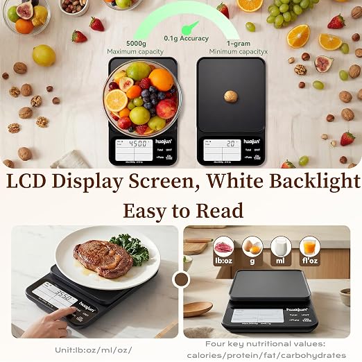 Smart Food Scale with Bluetooth Nutrition Calculator, 0.1g High Precision Digital Kitchen Scale Track 30 Nutrients Calorie Macro, Custom Diet Goals, Barcode Scan 11lb for Meal Prep Weight Loss Keto