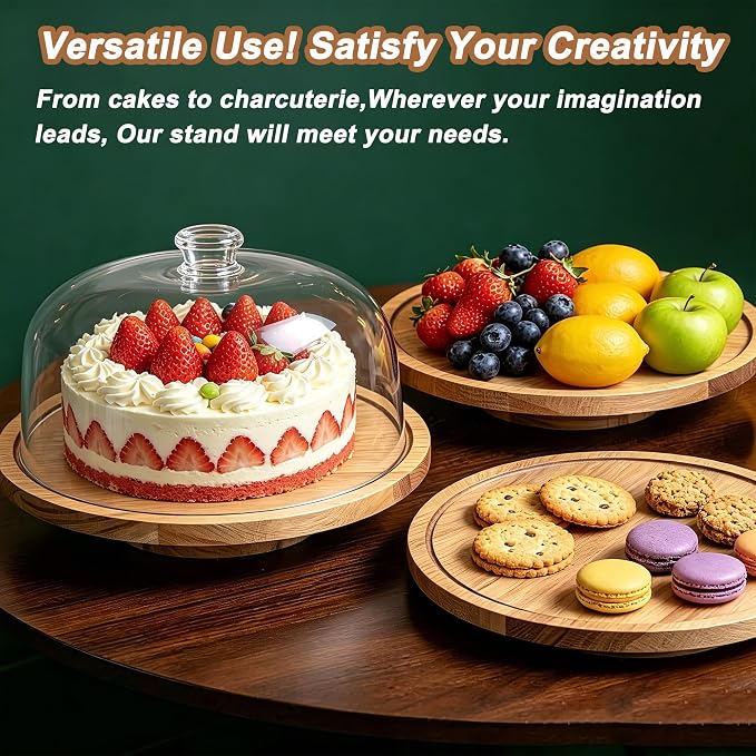 Rotating Acacia Wood Cake Stand with Dome Lid 11 inch Round Wooden Cake Display Plate with Cover for Wedding Birthday Party Kitchen Baking Gifts