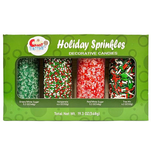 Sarah's Candy Factory Holiday Sprinkles Set 4 Count 19.3 Oz | Cake Cookies For Christmas, Party, Kosher, Green&White Sugar, Nonpareils, Red&White Sugar, Tree Mix Different Types in Jar