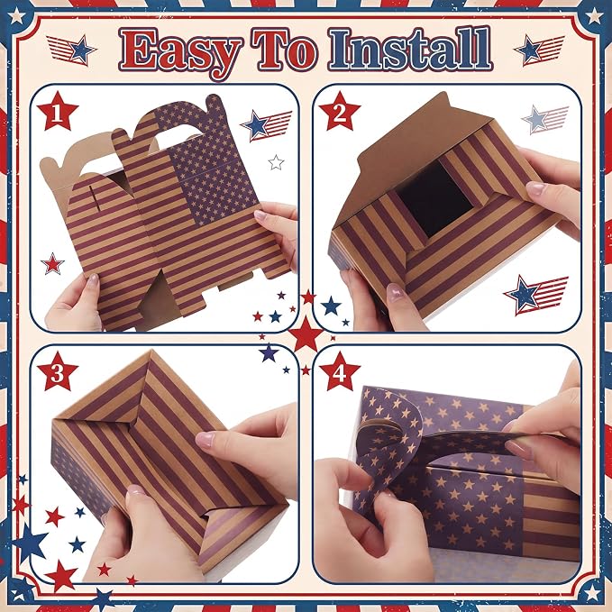 Colarr 24 Pcs 4th of July Treat Boxes Patriotic American Flag Prints Goodie Boxes with Handles 250th Anniversary Kraft Paper Cookie Box Candy Party Favor Box for Independence Day Celebration