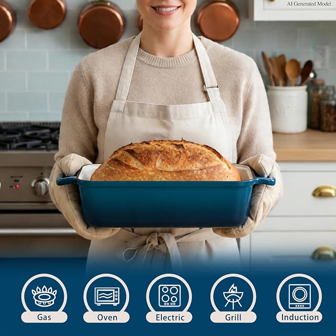 11x5 Inch Cast Iron Loaf Pan with Lid, Large Loaf Pans for Sourdough Bread Baking, Even Heat Distribution Dutch Oven Bread Pan for Homemade Bread, Meatloaf (5.8Qt, Teal)