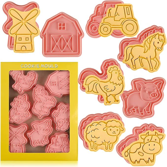 Farm Cookie Cutters Set, 8 Pcs Cookie Cutter with Plunger Stamps, Cute Cookie Cutters for DIY Biscuit Snacks Cheese Baking