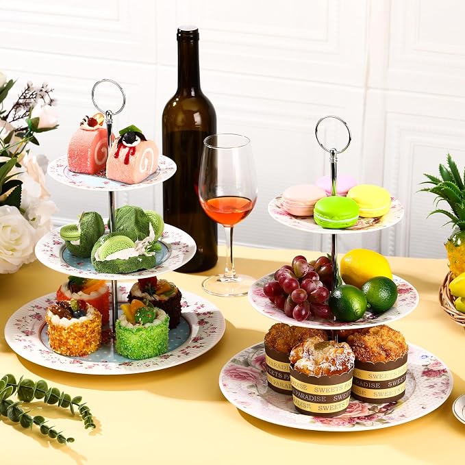 Dandat 4 Pcs 3 Tier Cake Stand Floral Ceramic Afternoon Serving Tray Porcelain Dessert Stand 6" 8" 10" Cake Stand 3 Tier Serving Platter for Tea Party, Wedding and Birthday, 4 Colors