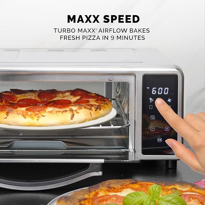 Kalorik MAXX Air Fryer Pizza Oven with Stone, Turbo-Heat Technology Up To 600F Featuring Touchscreen Controls with 6 Preset Functions Fits 12-Inch Pizzas, 1700-Watts, Stainless Steel